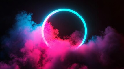 Neon circle glowing behind colorful smoke cloud on black background