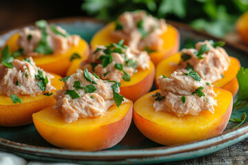 Halved peaches with tuna and mayonnaise on top, parsley