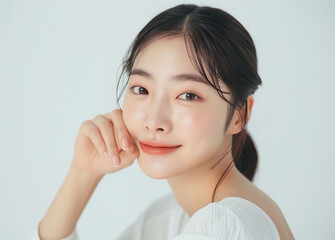 Fototapeta premium It's a beautiful young Asian woman with clean and healthy skin is portrayed on a white background.