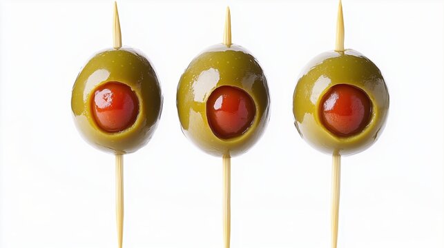 Green olives on toothpicks isolated on a white background