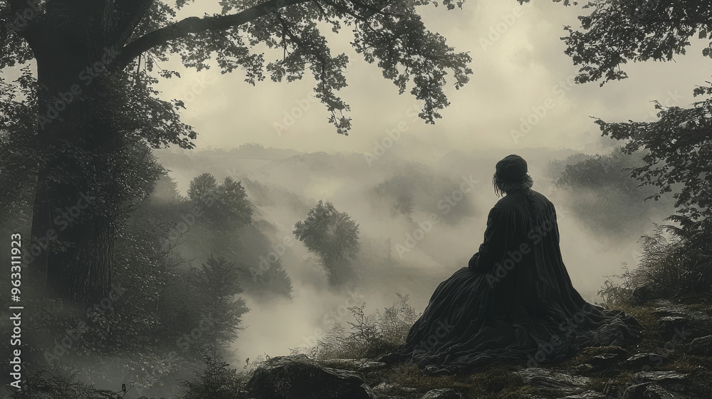 Canvas Prints A woman in a long cloak sits on a cliff overlooking a foggy forest.