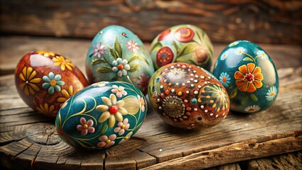 Fototapeta premium Vintage-style hand-painted Easter eggs with distressed finishes for a retro and rustic look