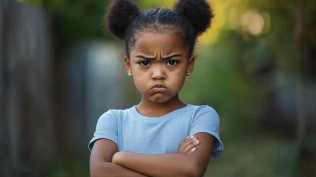 Young girl standing outside. Looking upset with arms crossed. Showing sullen and grumpy expression. Capturing moment of childhood defiance and stubbornness. Displaying displeasure and irritation