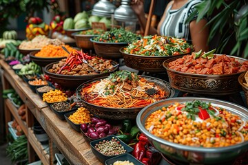 A community festival with food, music, and crafts from different cultures, space for text