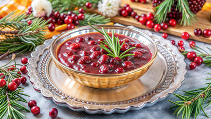 Bowl of Cranberry Sauce with Whole Cranberries and Rosemary Garnish on Metal Plate, Festive Pine and Cranberries Around