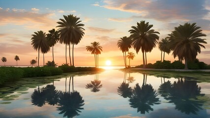 Obraz premium A serene oasis at sunset with a reflection of the sky on the calm water surface, surrounded by lush palm trees --ar 3:2 --v 4