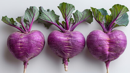 Three heart-shaped purple turnips with vibrant green leaves, showcasing the health benefits and potential drawbacks, rich in vitamins and nutrients, commonly used in healthy diets and seasonal recipe