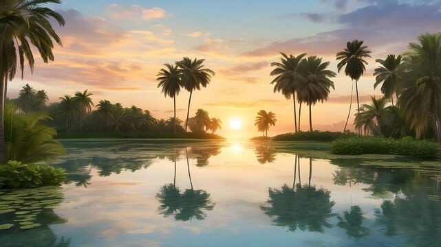 A serene oasis at sunset with a reflection of the sky on the calm water surface, surrounded by lush palm trees --ar 3:2 --v 4