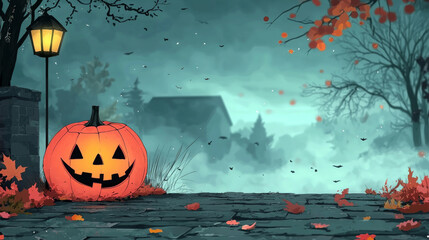 A jack-o-lantern sits on a cobblestone path, glowing against the misty backdrop.