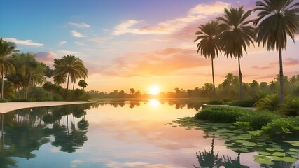 Obraz premium A serene oasis at sunset with a reflection of the sky on the calm water surface, surrounded by lush palm trees --ar 3:2 --v 4