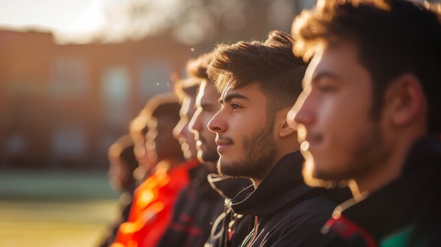 Young men in a lineup, focused and determined, with sunlight casting a warm glow. - Powered by Adobe