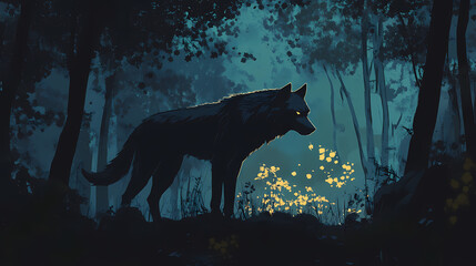 Fototapeta premium Wolf in the forest, wolf in the woods, wolf in the night, werewolf, werewolf in the forest. Werewolf. Illustration