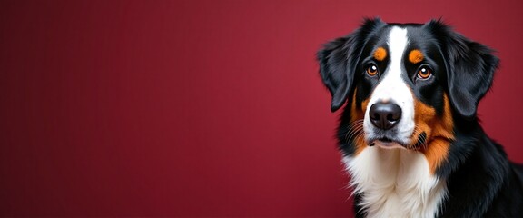 Bernese Mountain Dog with Alert Expression Posing Against Red Background with Copy Space