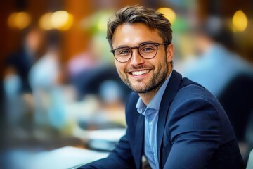 Obraz premium Confident Businessman: A young professional exudes confidence and success as he smiles warmly in his stylish attire. His glasses and beard add to his sophisticated look, capturing the essence of moder