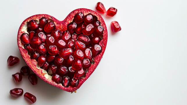 Heart-shaped pomegranate filled with bright red seeds on a white background, showcasing the health benefits of pomegranate, rich in vitamins and antioxidants, seasonal fruit with ample copyspace