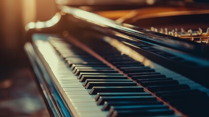 Close-up of piano keys with warm lighting and a blurred background.