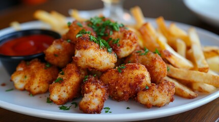 Plate of crispy, breaded appetizers with fries and ketchup, garnished with parsley.