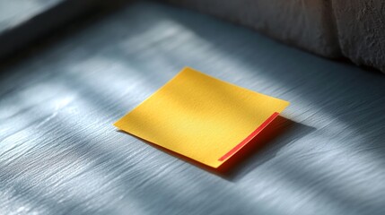 Yellow sticky note resting on a blue table with window light casting shadows - Powered by Adobe