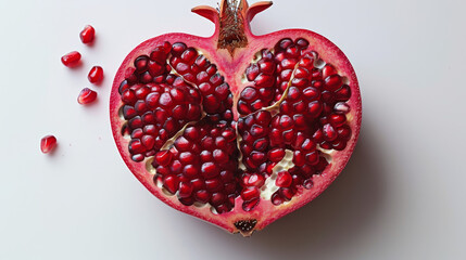 Heart-shaped pomegranate filled with bright red seeds on a white background, showcasing the health benefits of pomegranate, rich in vitamins and antioxidants, seasonal fruit with ample copyspace