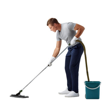 A man cleaning the floor, floor maintenance, home hygiene, cleaning service, transparent background
