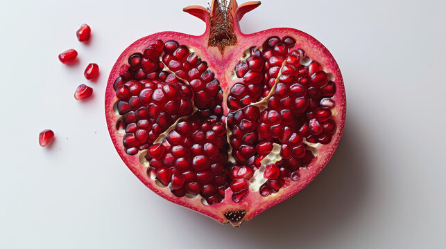 Heart-shaped pomegranate filled with bright red seeds on a white background, showcasing the health benefits of pomegranate, rich in vitamins and antioxidants, seasonal fruit with ample copyspace