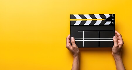 Close up of hands holding a clapperboard on a yellow background. Movie production concept.
