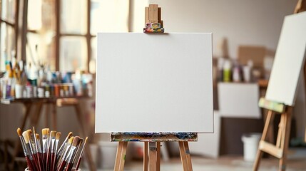 A blank canvas set on an easel in a bright art studio, ready for painting with brushes and tubes of paint nearby.