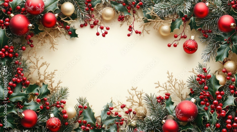 Wall mural festive holiday wreath with ornaments and greenery.