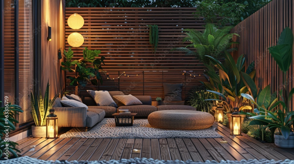 Wall mural Outdoor lounge with plants, wooden wall, comfortable seating, and lanterns in a cozy terrace setting.