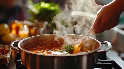 A close-up of a cook stirring a pot of soup on the stove, with steam rising and ingredients visible in the background.