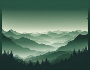 Beautiful green mountain silhouette landscape with fog in mountains background. 