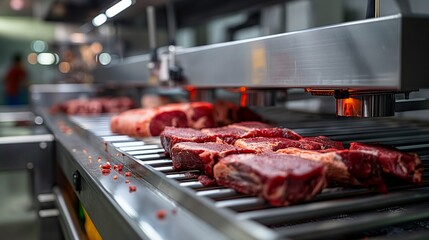Raw beef steaks on a conveyor belt in a meat processing plant, showcasing automated meat production.