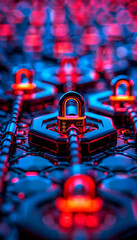 A digital network featuring glowing locks symbolizing cybersecurity, data protection, and secure information systems in a connected environment.