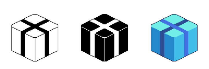 Packed Parcel in Blue Color, Pixel Art Icon Set with Outlined and Fill Variants