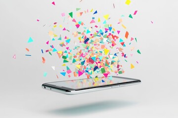 Colorful Geometric Confetti Emerging from Smartphone – Digital Celebration Design for Posters, Cards, and Print