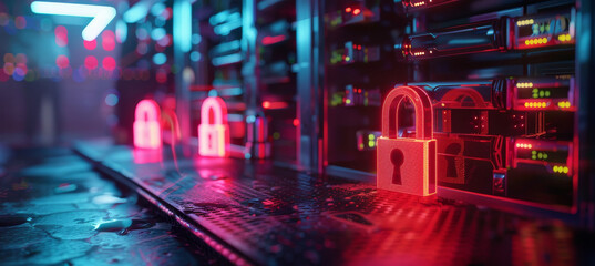 Fototapeta premium A digital network featuring glowing locks symbolizing cybersecurity, data protection, and secure information systems in a connected environment.