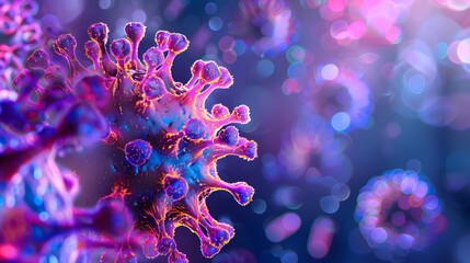 Obraz premium A close up of a virus with a yellow and red color scheme. The virus is surrounded by a yellow and red background