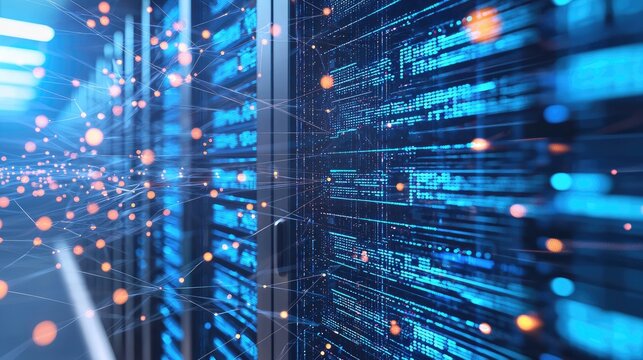 A conceptual image of interconnected data nodes and servers, representing the flow and analysis of big data.