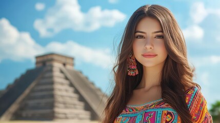 Fototapeta premium A young woman poses beautifully near an ancient pyramid under a clear blue sky, showcasing cultural fashion and vibrant beauty.