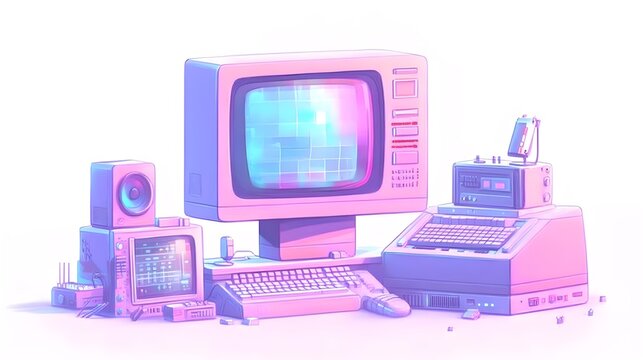 A collection of retro computers featuring colorful designs, showcasing nostalgic technology in a vibrant pastel aesthetic.
