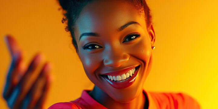 Happy Teacher: A woman with a bright smile, gesturing with her hand.