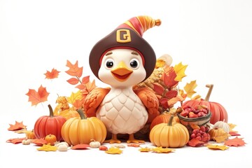 Cute Thanksgiving Turkey with Pilgrim Hat Surrounded by Autumn Leaves and Harvest