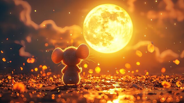 a cute mouse holding moon,sunset light,storm cloud,imagination