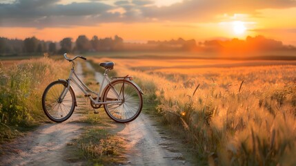 Fototapeta premium A red bicycle is parked in a field with a beautiful sunset in the background. Concept of peace and tranquility, as the bike is surrounded by nature