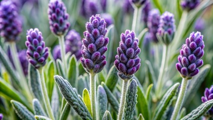 Fototapeta premium A close-up view of vibrant lavender flowers with rich purple hues, showcasing their delicate petals and lush green foliage.