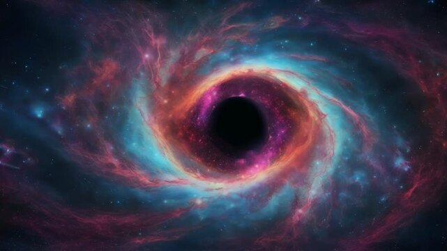 artistic representation of a black hole at the center of a spiral galaxy, surrounded by light. The striking light effects and rich textures make this video feel lively and dynamic. 4K