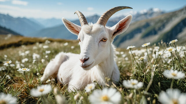 White little goat on alpine meadow with mountains in the background. Goat on green grass with flowers. Rural landscape	