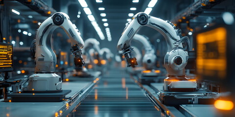 Obraz premium A modern factory where robotic arms work in perfect harmony. This image captures the precision and efficiency of advanced manufacturing. Metal surfaces and clean lines make the machines stand out.