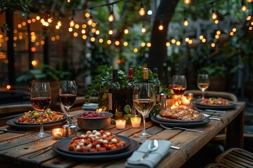 A table with a variety of food and drinks, including wine and pizza