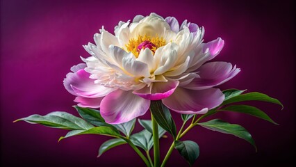 Obraz premium A stunning peony flower in vibrant pink and white hues, beautifully contrasted against a rich purple background.
